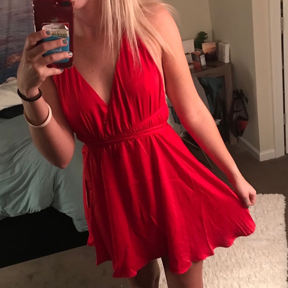 red plunge skater dress